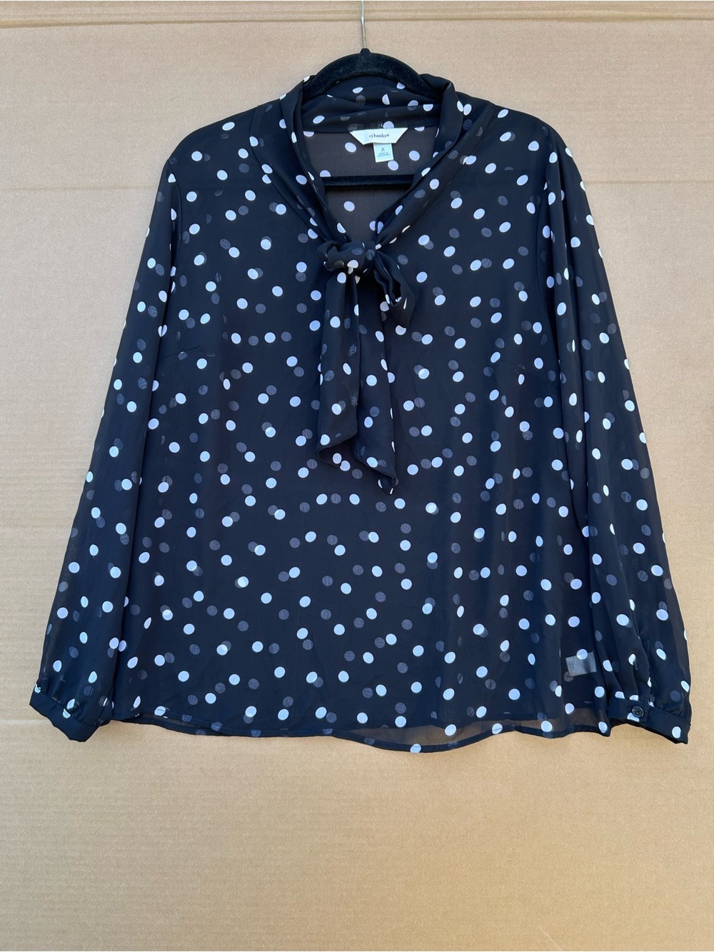 CJ Banks Polka Dot Blouse X Black White Long Sleeve Sheer Tie Neck Elegant